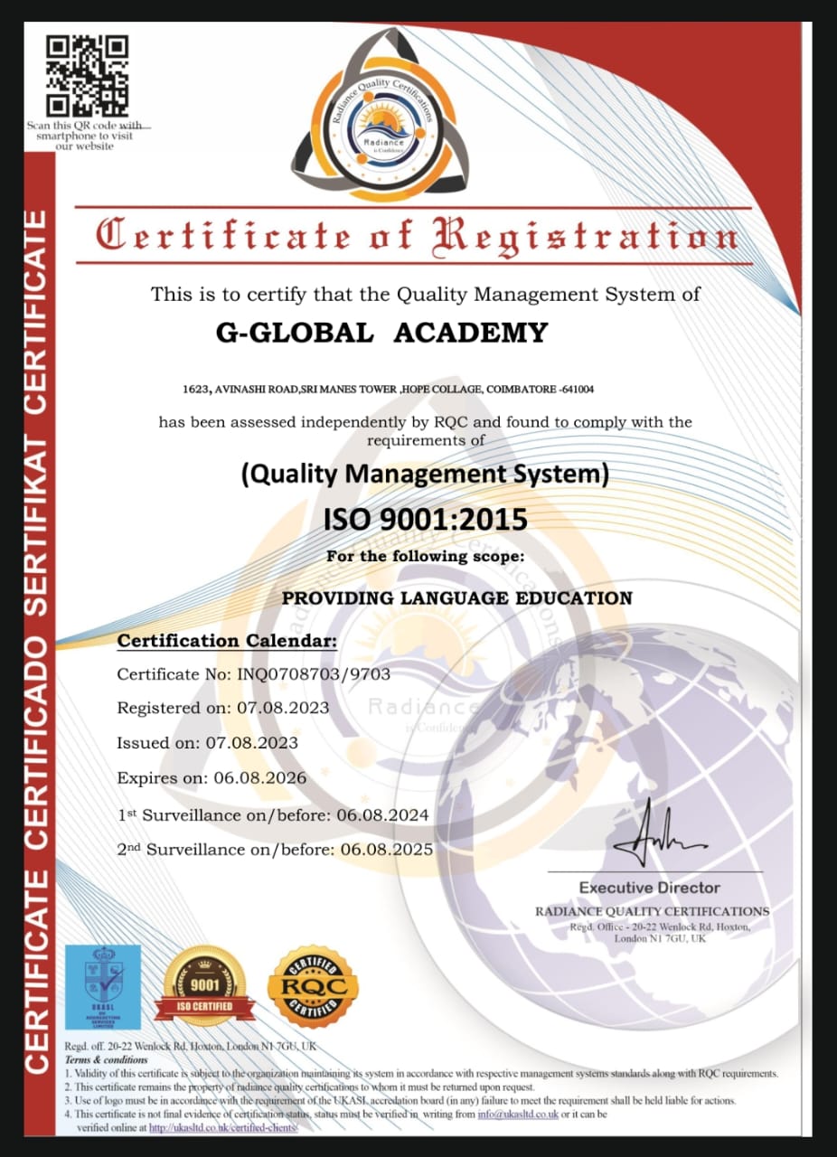 ISO 9001:2015 Certificate - G Global Academy